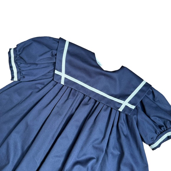 Vintage Girls Sailor Dress Blue Maxi Large Collar Puff Sleeves Banbury Cross 6X - Picture 2 of 7